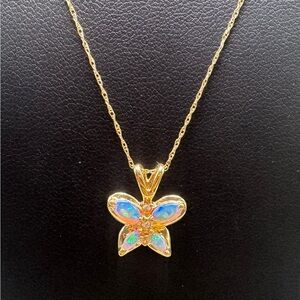 10k Yellow Gold Opal And CZ Butterfly Pendant Necklace